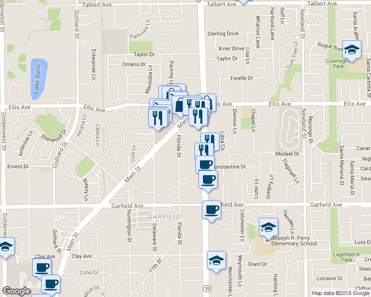 map of restaurants, bars, coffee shops, grocery stores, and more near 18652 Florida Street in Huntington Beach