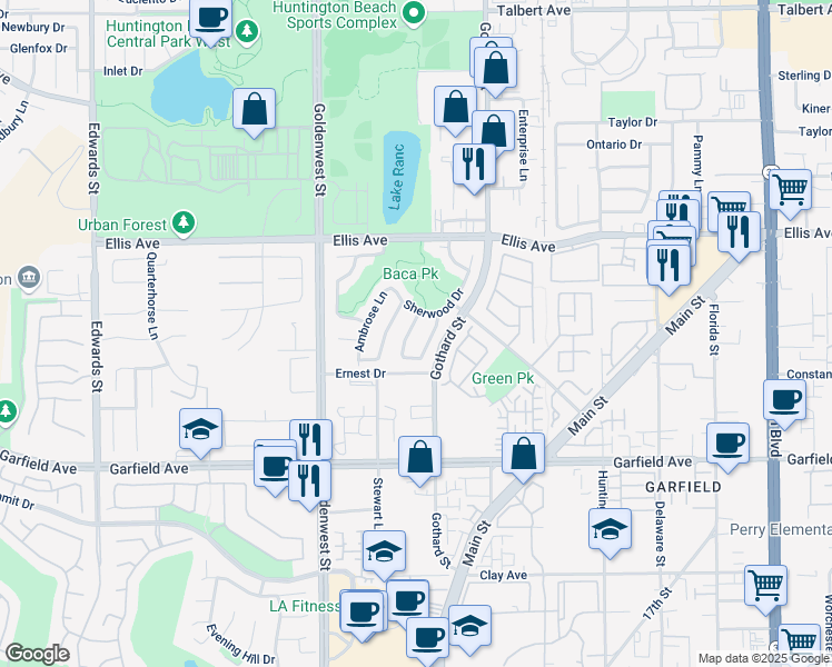 map of restaurants, bars, coffee shops, grocery stores, and more near 18697 Fairfax Lane in Huntington Beach