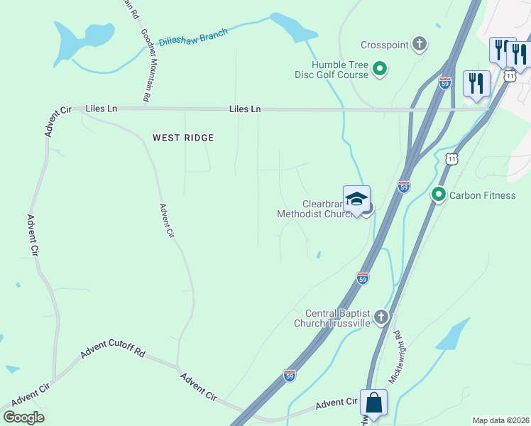map of restaurants, bars, coffee shops, grocery stores, and more near 6490 Winslow Parc Lane in Trussville