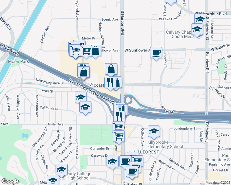 map of restaurants, bars, coffee shops, grocery stores, and more near 1503 South Coast Drive in Costa Mesa