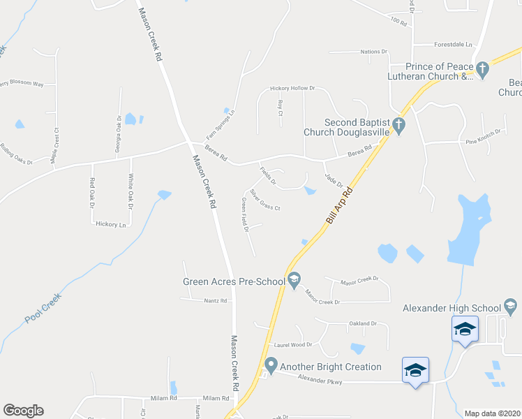 map of restaurants, bars, coffee shops, grocery stores, and more near 6931 Silver Grass Court in Douglasville