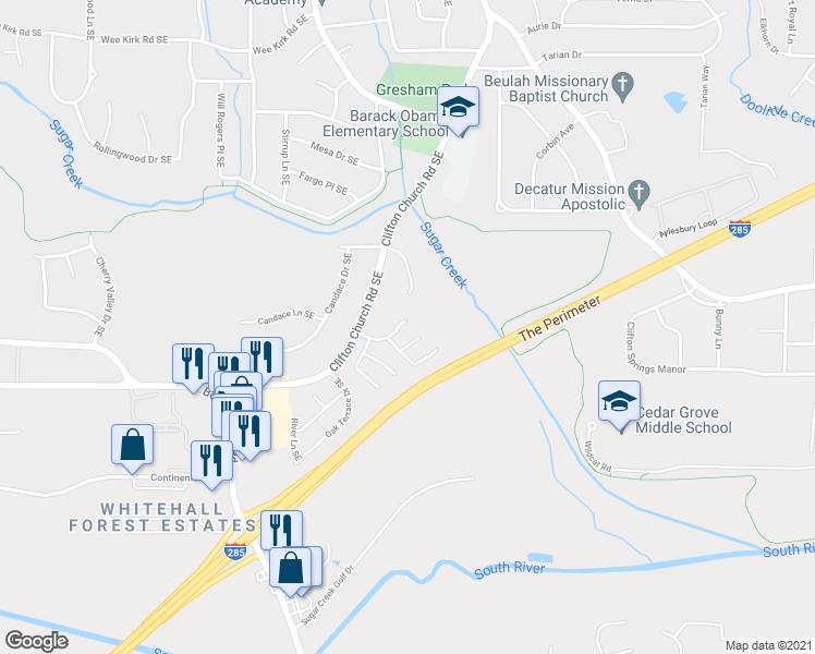 map of restaurants, bars, coffee shops, grocery stores, and more near 2119 Sugar Creek Falls Drive Southeast in Atlanta
