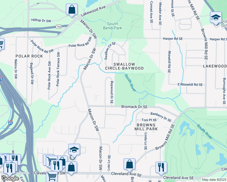 map of restaurants, bars, coffee shops, grocery stores, and more near 2350 Baywood Drive Southeast in Atlanta