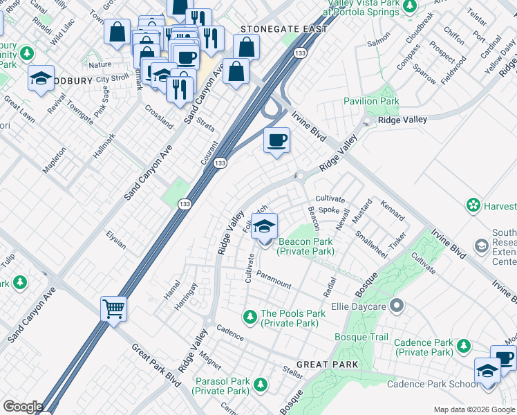 map of restaurants, bars, coffee shops, grocery stores, and more near 199 Follyhatch in Irvine