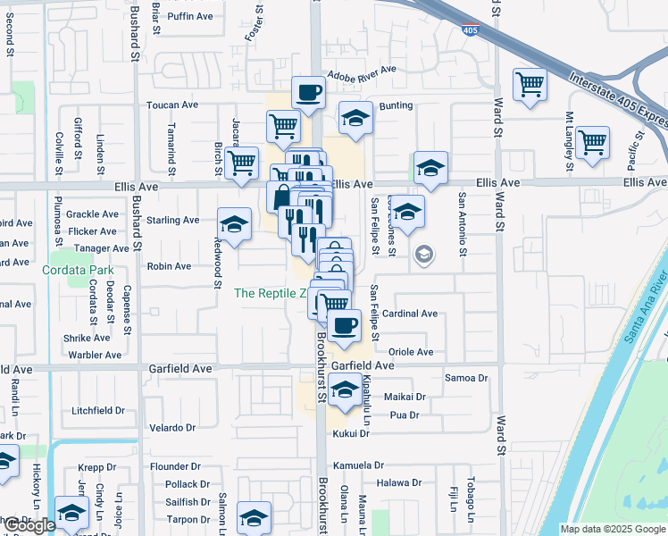 map of restaurants, bars, coffee shops, grocery stores, and more near 10035 Sparrow Avenue in Fountain Valley