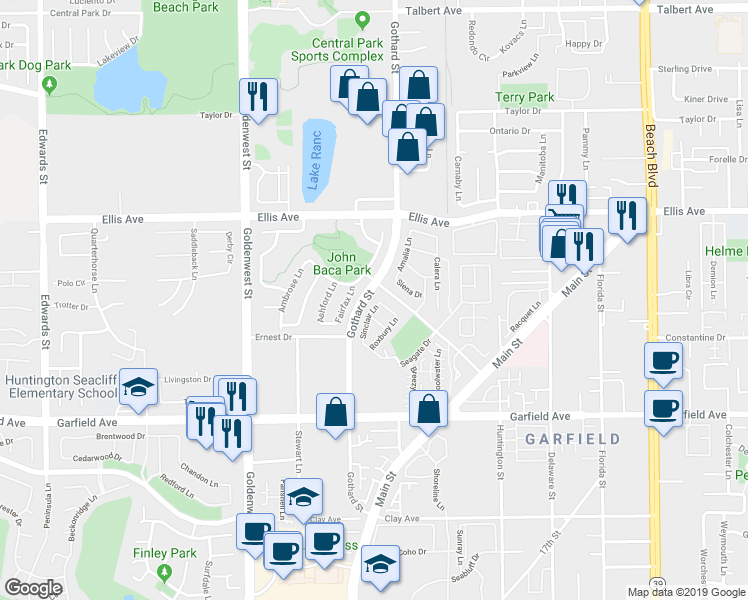 map of restaurants, bars, coffee shops, grocery stores, and more near 18729 Sinclair Lane in Huntington Beach