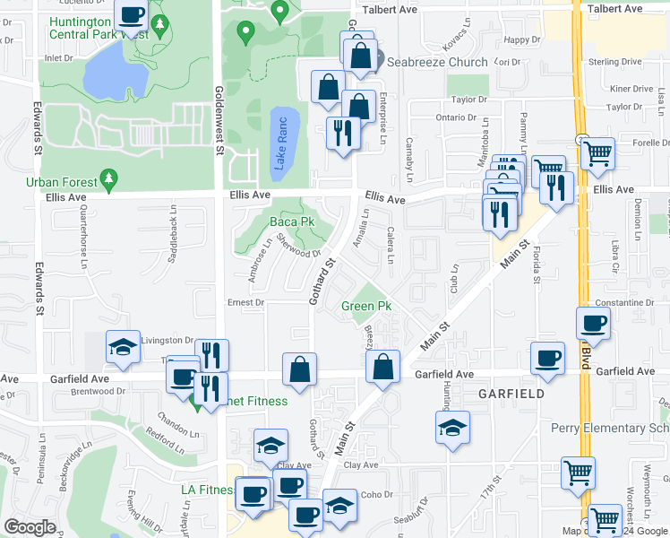 map of restaurants, bars, coffee shops, grocery stores, and more near 18729 Sinclair Lane in Huntington Beach