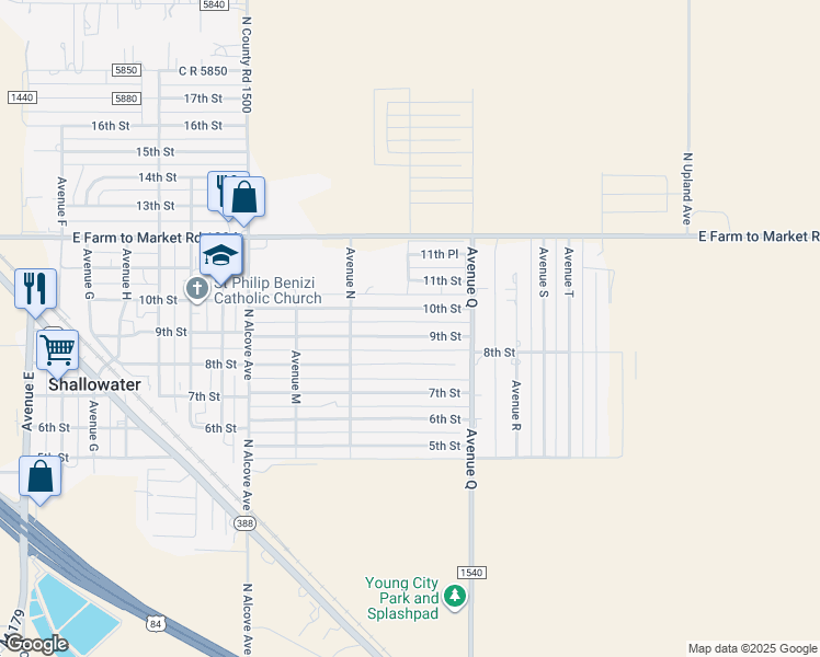 map of restaurants, bars, coffee shops, grocery stores, and more near 1415 10th Street in Shallowater