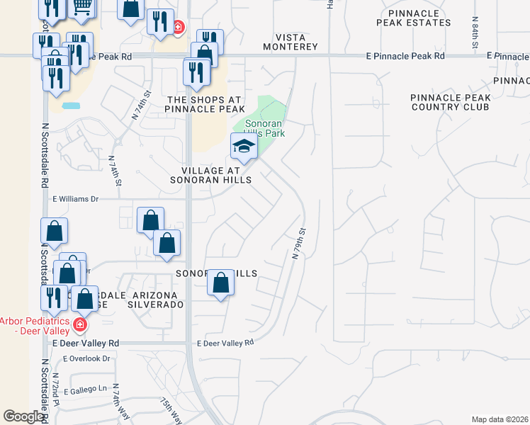 map of restaurants, bars, coffee shops, grocery stores, and more near 7710 East Tardes Drive in Scottsdale