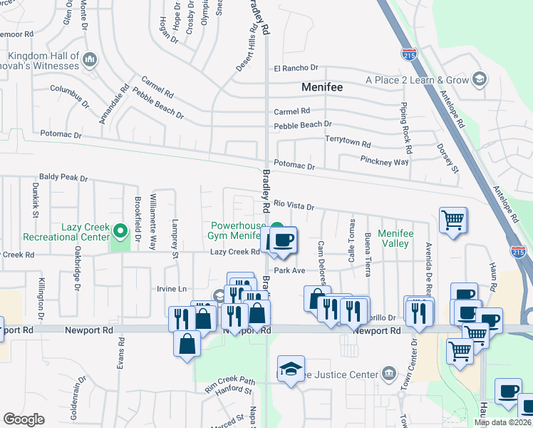 map of restaurants, bars, coffee shops, grocery stores, and more near 29669 Bradley Road in Menifee