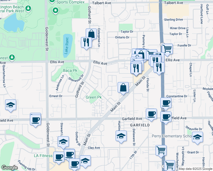 map of restaurants, bars, coffee shops, grocery stores, and more near 18665 Park Ridge Lane in Huntington Beach
