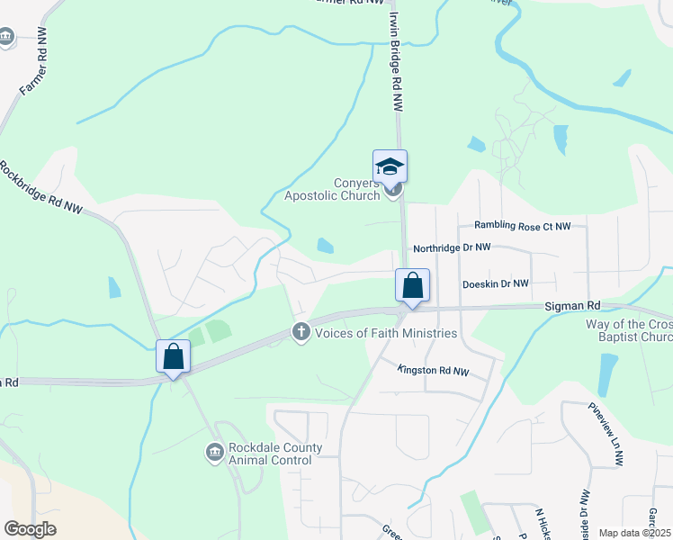map of restaurants, bars, coffee shops, grocery stores, and more near 1639 Millstream Hollow in Conyers
