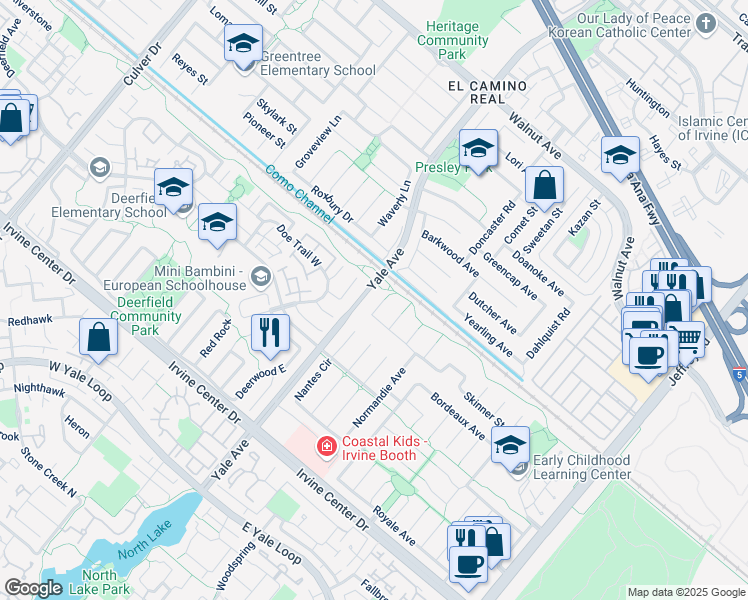 map of restaurants, bars, coffee shops, grocery stores, and more near 28 Sanderling in Irvine
