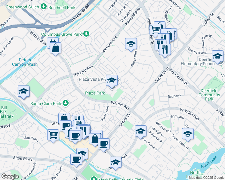 map of restaurants, bars, coffee shops, grocery stores, and more near 670 Paseo Westpark in Irvine