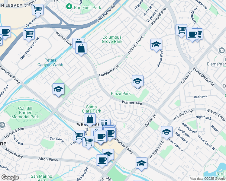 map of restaurants, bars, coffee shops, grocery stores, and more near 45 Calavera in Irvine