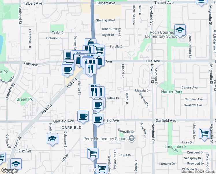 map of restaurants, bars, coffee shops, grocery stores, and more near 18682 Libra Circle in Huntington Beach