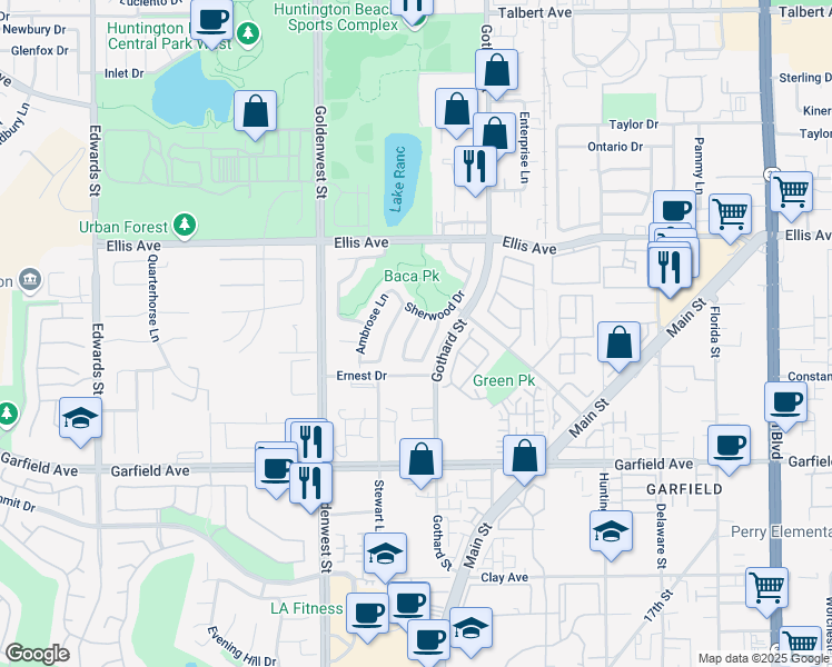 map of restaurants, bars, coffee shops, grocery stores, and more near 18697 Fairfax Lane in Huntington Beach