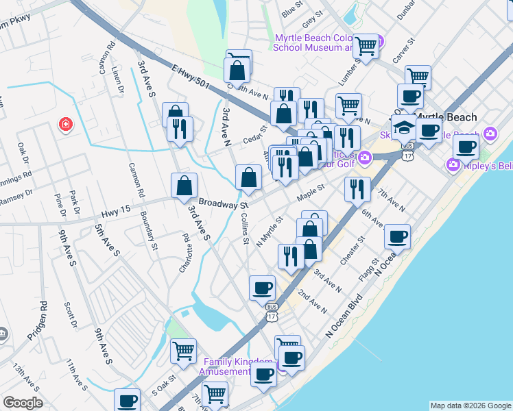 map of restaurants, bars, coffee shops, grocery stores, and more near 103 Broadway Street in Myrtle Beach