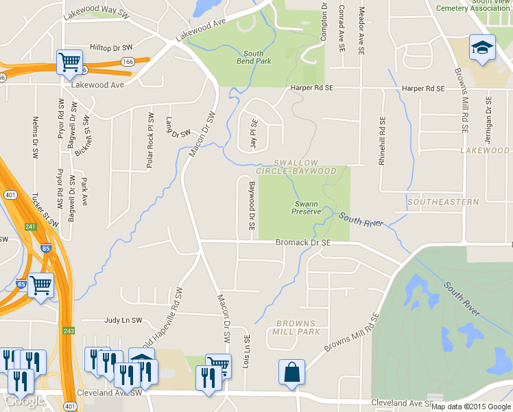 map of restaurants, bars, coffee shops, grocery stores, and more near 2350 Baywood Drive Southeast in Atlanta