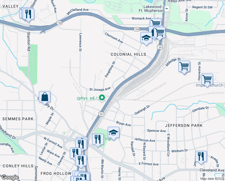 map of restaurants, bars, coffee shops, grocery stores, and more near 2327 Newnan Street in East Point