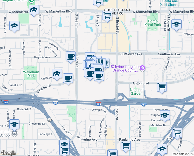 map of restaurants, bars, coffee shops, grocery stores, and more near 3333 Bristol Street in Costa Mesa