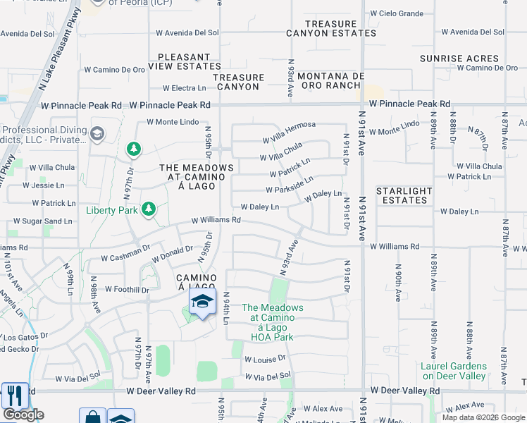map of restaurants, bars, coffee shops, grocery stores, and more near 9399 West Parkside Lane in Peoria