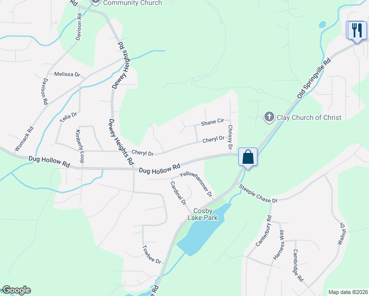 map of restaurants, bars, coffee shops, grocery stores, and more near 5846 Cheryl Drive in Pinson