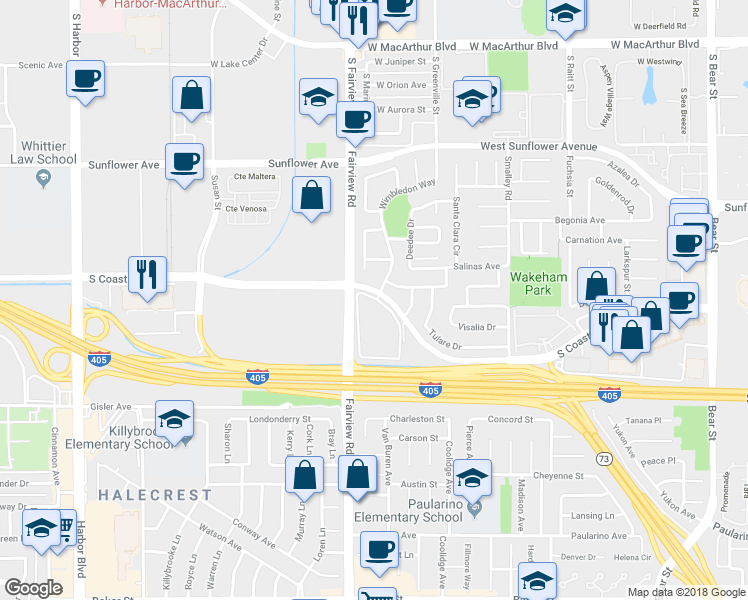 map of restaurants, bars, coffee shops, grocery stores, and more near 1101 Buckingham Drive in Costa Mesa