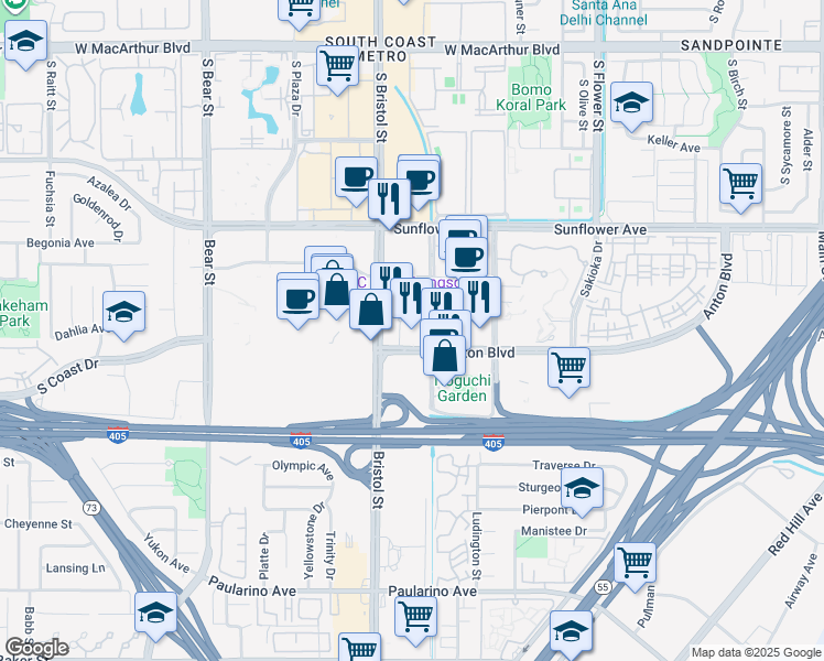 map of restaurants, bars, coffee shops, grocery stores, and more near 686 Anton Boulevard in Costa Mesa