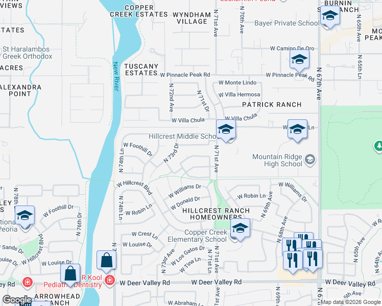 map of restaurants, bars, coffee shops, grocery stores, and more near 7148 West Foothill Drive in Glendale