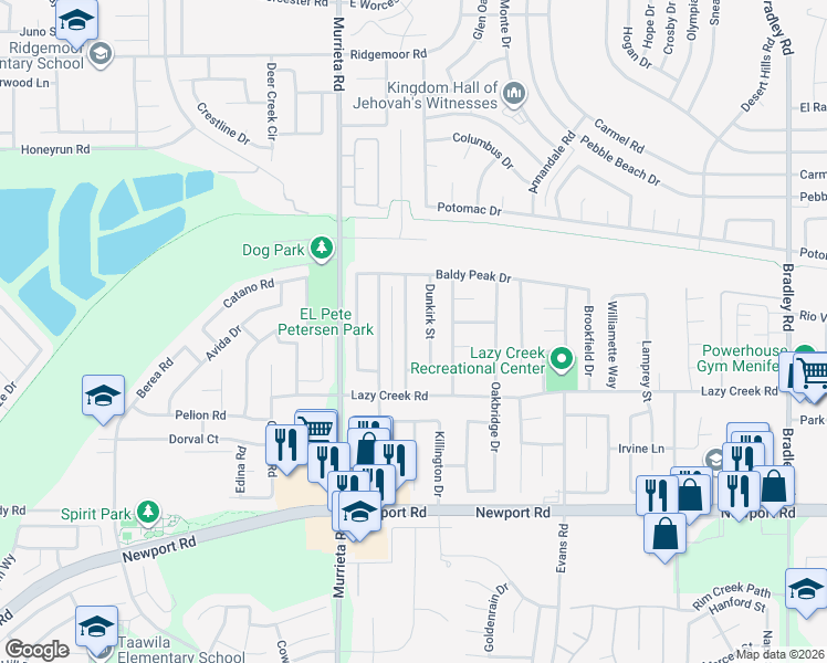 map of restaurants, bars, coffee shops, grocery stores, and more near 29620 McGalliard Road in Menifee