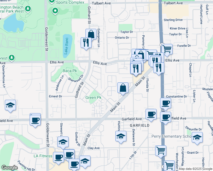 map of restaurants, bars, coffee shops, grocery stores, and more near 18665 Park Ridge Lane in Huntington Beach