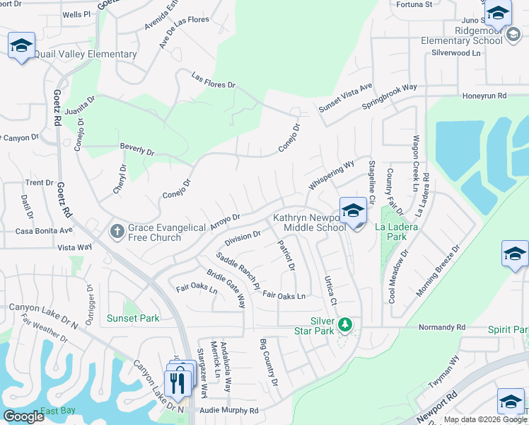 map of restaurants, bars, coffee shops, grocery stores, and more near 24481 Division Drive in Menifee