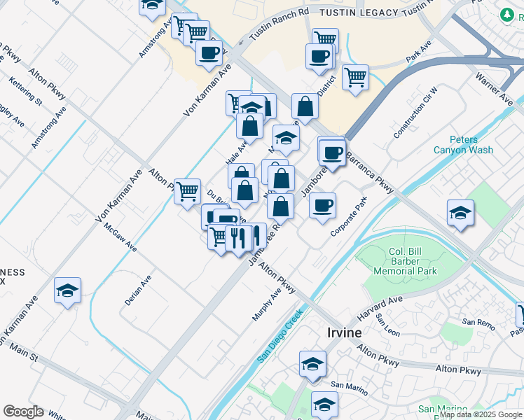 map of restaurants, bars, coffee shops, grocery stores, and more near 16899 Jamboree Road in Irvine