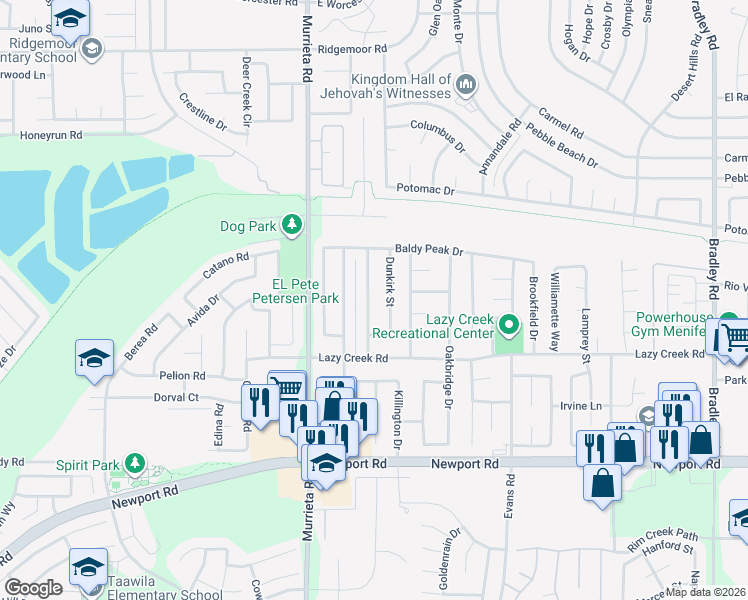 map of restaurants, bars, coffee shops, grocery stores, and more near 29620 McGalliard Road in Menifee