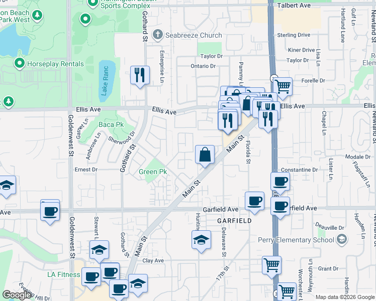 map of restaurants, bars, coffee shops, grocery stores, and more near 7755 Park Bay Drive in Huntington Beach