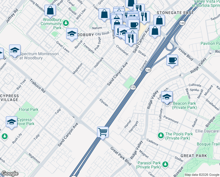 map of restaurants, bars, coffee shops, grocery stores, and more near 105 Splendor in Irvine