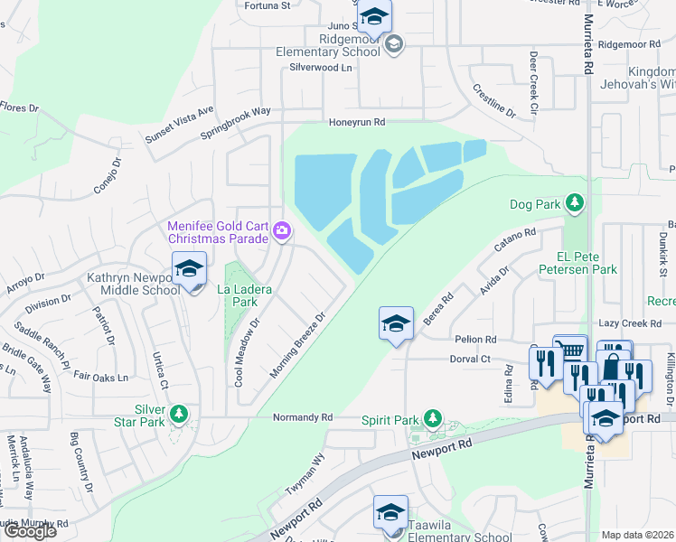 map of restaurants, bars, coffee shops, grocery stores, and more near 25346 Robinson Creek Lane in Menifee