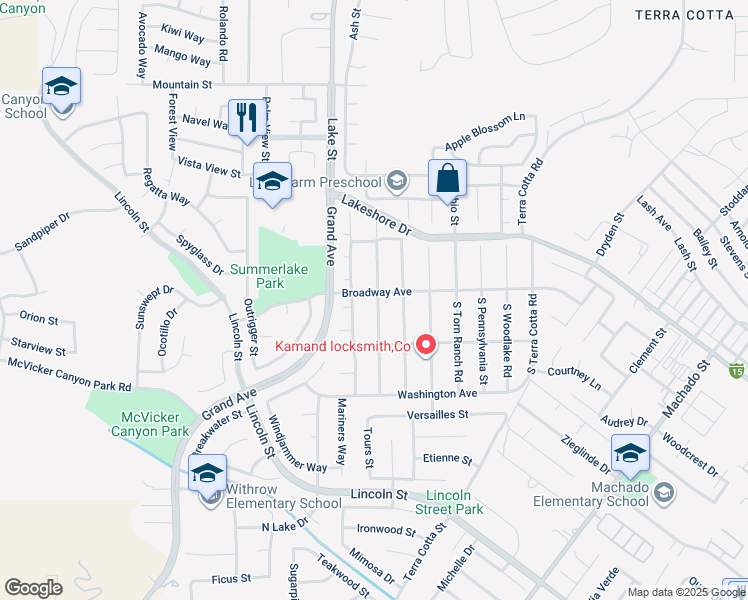 map of restaurants, bars, coffee shops, grocery stores, and more near 801 Broadway Street in Lake Elsinore