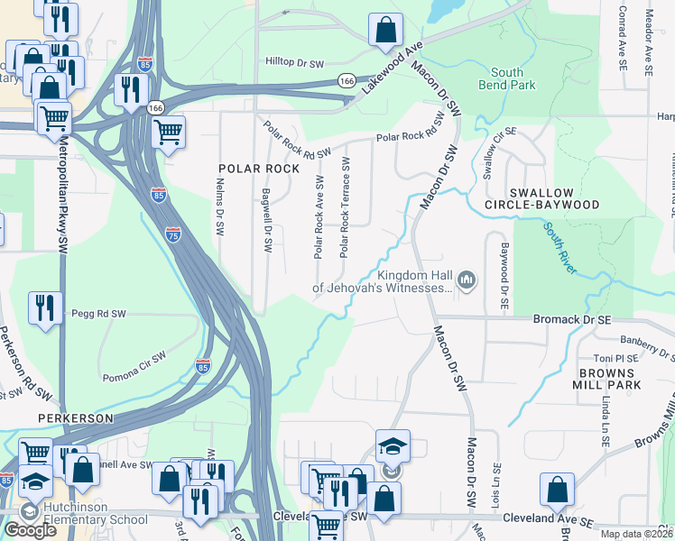 map of restaurants, bars, coffee shops, grocery stores, and more near 2329 Polar Rock Terrace Southwest in Atlanta