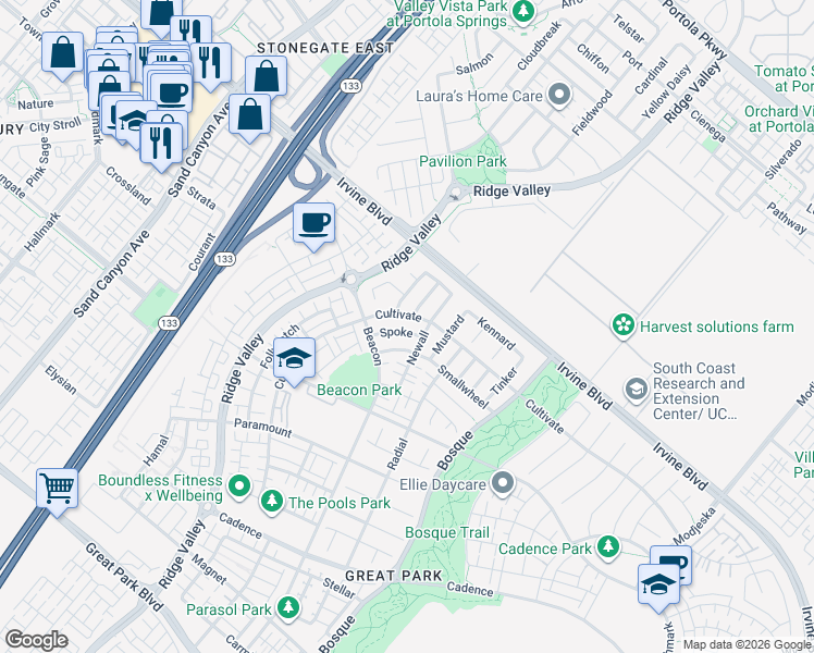 map of restaurants, bars, coffee shops, grocery stores, and more near 111 Spoke in Irvine