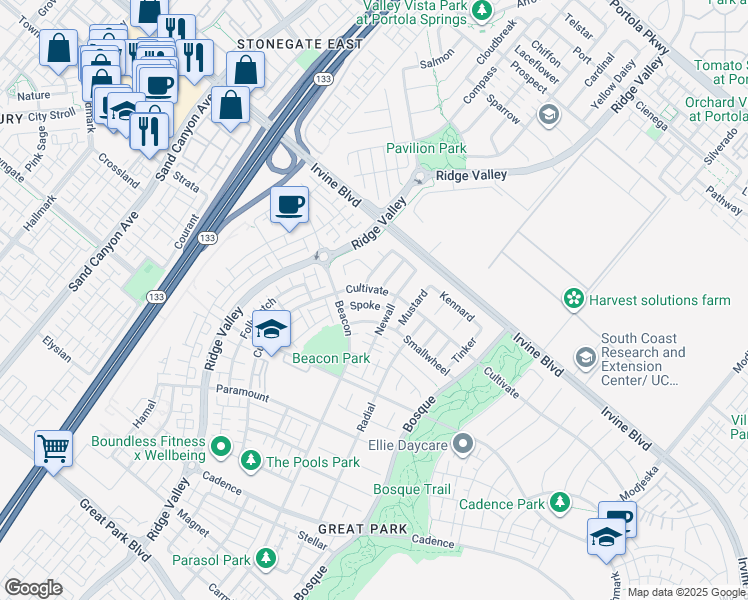 map of restaurants, bars, coffee shops, grocery stores, and more near 111 Spoke in Irvine