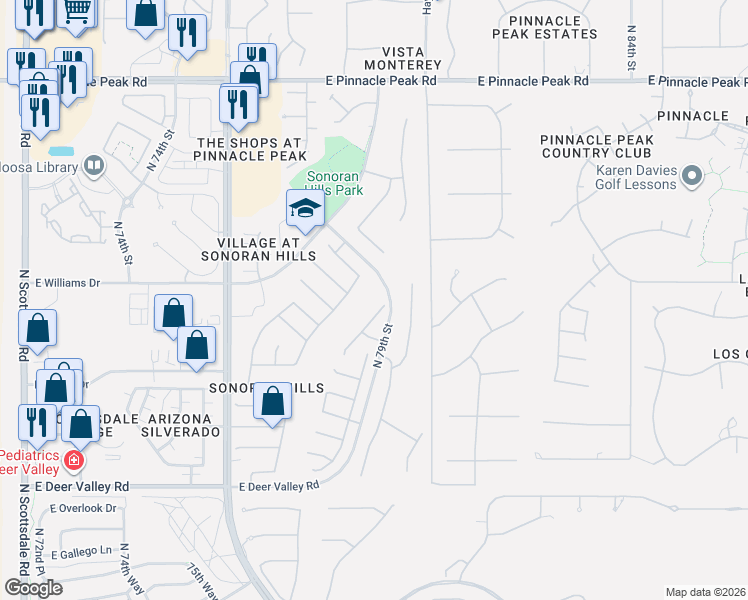 map of restaurants, bars, coffee shops, grocery stores, and more near 22591 North 77th Place in Scottsdale