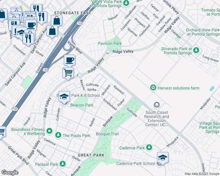 map of restaurants, bars, coffee shops, grocery stores, and more near 112 Mustard in Irvine