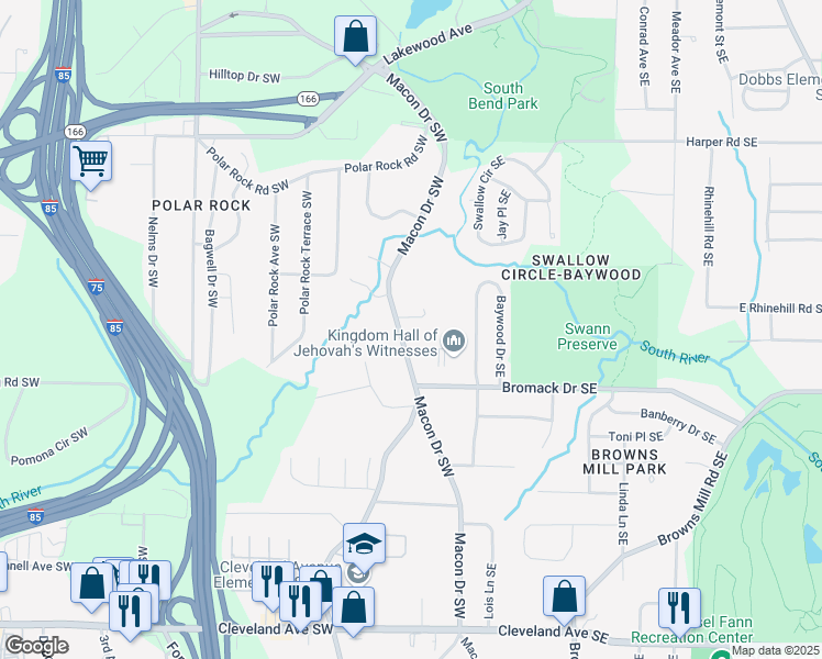 map of restaurants, bars, coffee shops, grocery stores, and more near 2332 Macon Drive Southwest in Atlanta