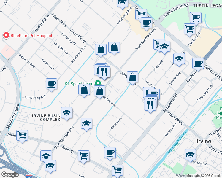 map of restaurants, bars, coffee shops, grocery stores, and more near 2236 Synergy in Irvine