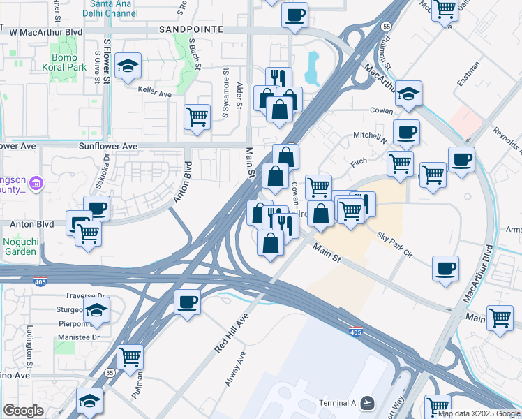 map of restaurants, bars, coffee shops, grocery stores, and more near in Irvine