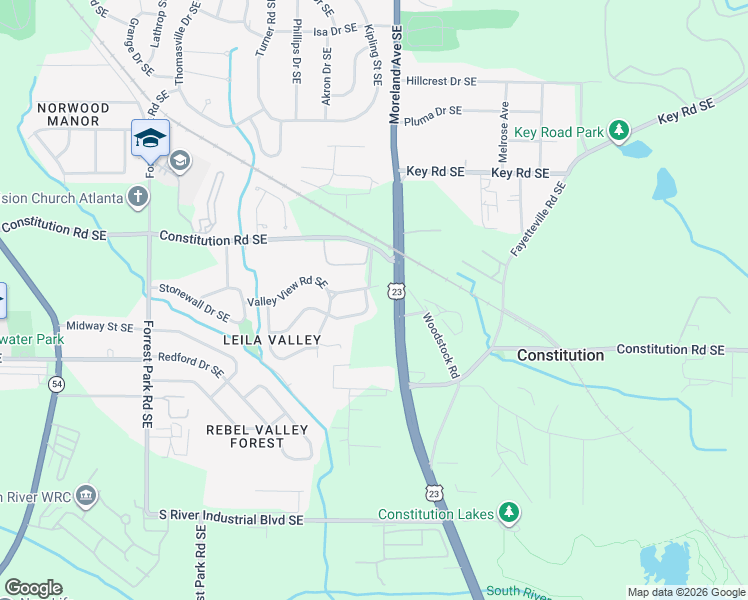 map of restaurants, bars, coffee shops, grocery stores, and more near 1142 Valley View Road Southeast in Atlanta