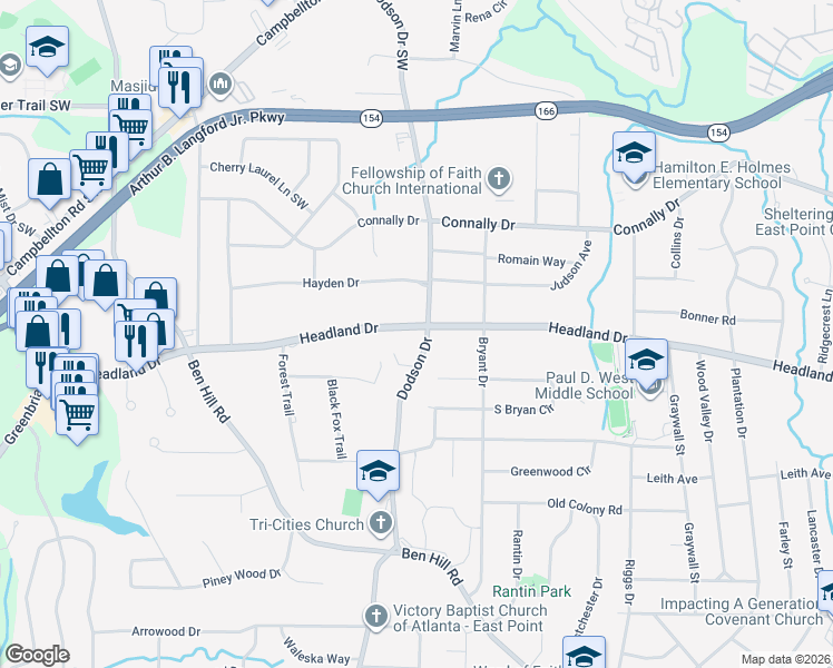map of restaurants, bars, coffee shops, grocery stores, and more near 2369 Dodson Drive in East Point