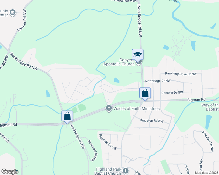 map of restaurants, bars, coffee shops, grocery stores, and more near 1599 Larkspur Trail in Conyers